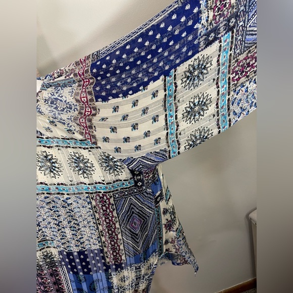 Anthropologie By Together Blue Patchwork Gold Stitches Peasant Bobo Blouse ML/XL - Picture 5 of 9